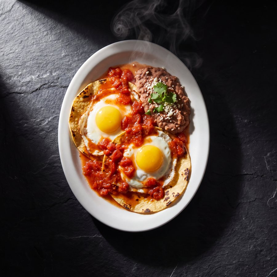 Huevos rancheros: two fried eggs on lightly fried tortillas under red salsa, with refried beans.