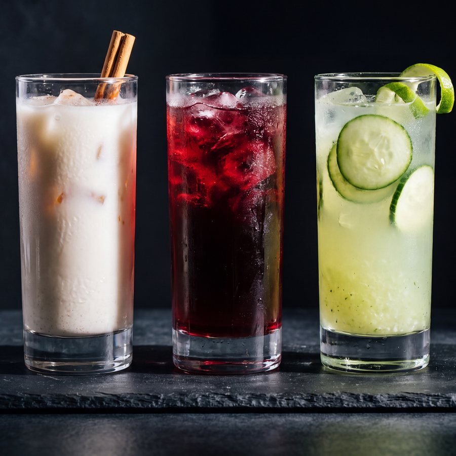 Three glasses of aguas frescas: horchata, hibiscus and cucumber with lime.