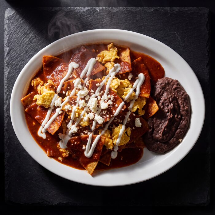 Chilaquiles Rojos, seen from above on a white plate.