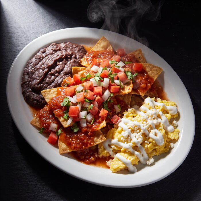 Chilaquiles Pico de Gallo, seen from above on a white plate.
