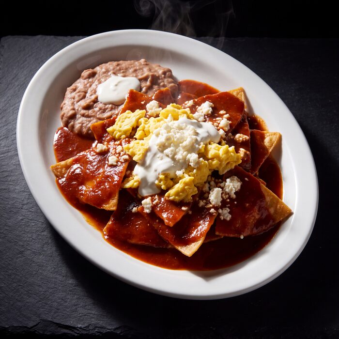 Chilaquiles Al Guajillo, seen from above on a white plate.