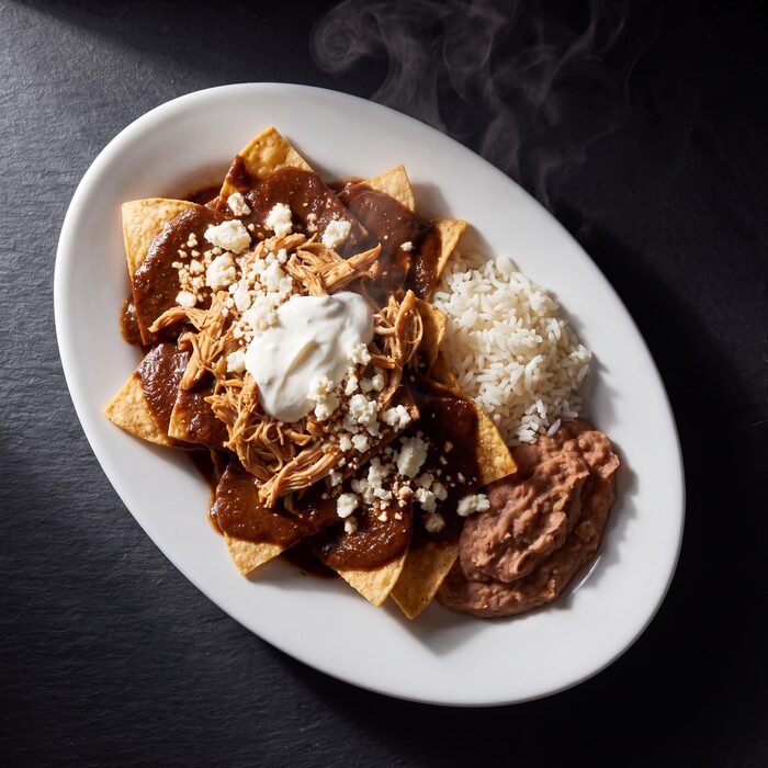 Chilaquiles Pasilla, seen from above on a white plate.