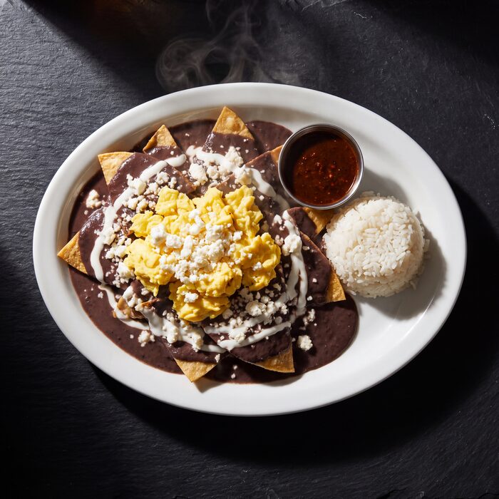 Chilaquiles Enfrijolados, seen from above on a white plate.