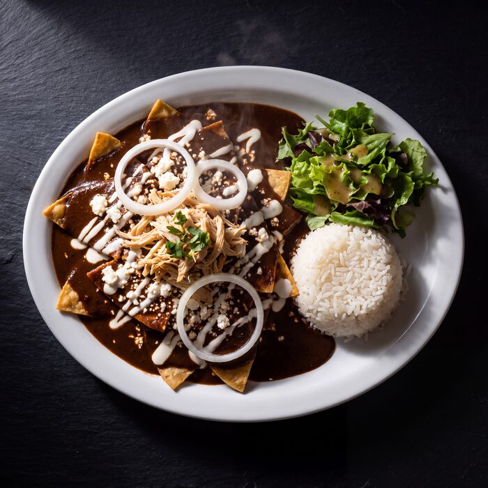 Chilaquiles Mole con Pollo, seen from above on a white plate.
