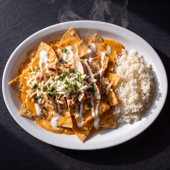 Chilaquiles En Salsa de Chipotle, seen from above on a white plate.
