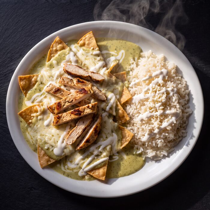 Chilaquiles Chile Poblano, seen from above on a white plate.