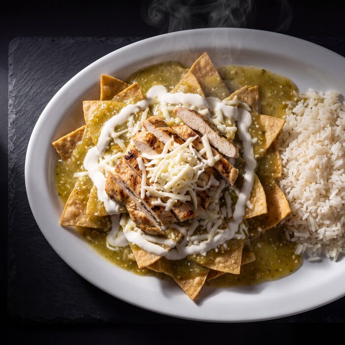Chilaquiles Suizos, seen from above on a white plate.