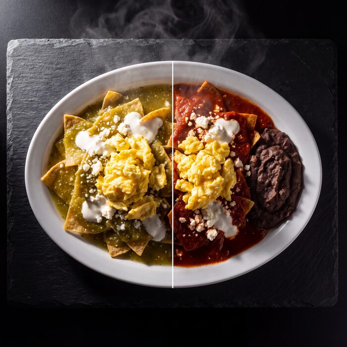 Chilaquiles Divorciados, seen from above on a white plate.