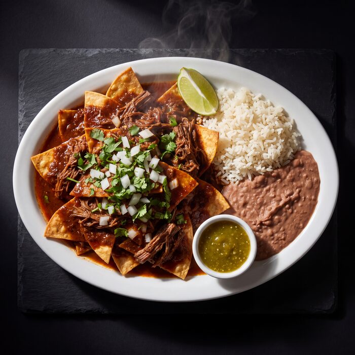 Chilaquiles Birriaquiles, seen from above on a white plate.